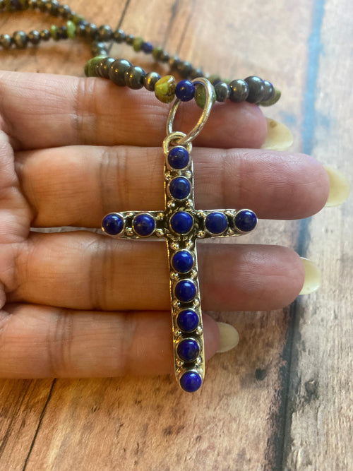 Sterling Silver & Lapis 2.5 inch Cross