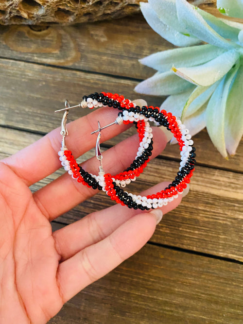 Navajo Handmade Beaded Hoop Earrings- red, black