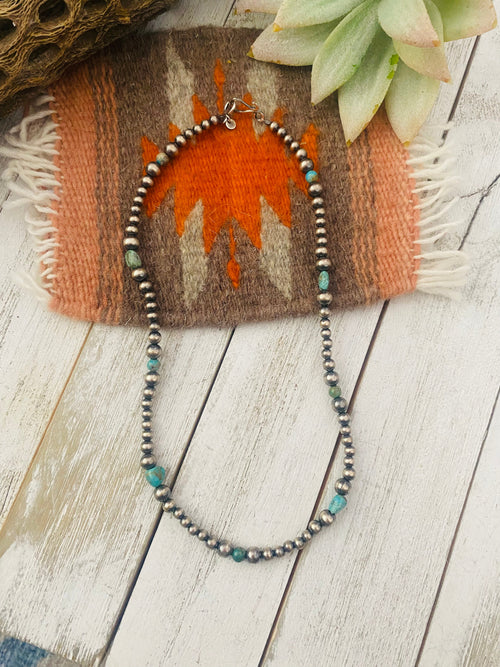 Handmade Sterling Silver & Turquoise Beaded Necklace 16”