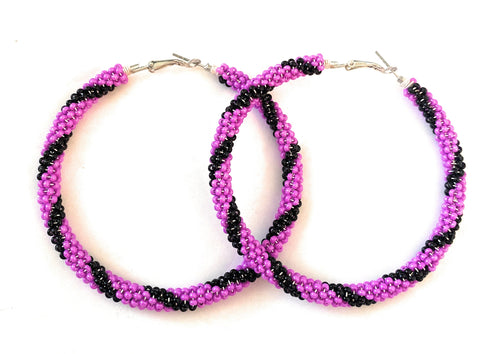 Navajo Handmade Beaded Hoop Earrings- purple