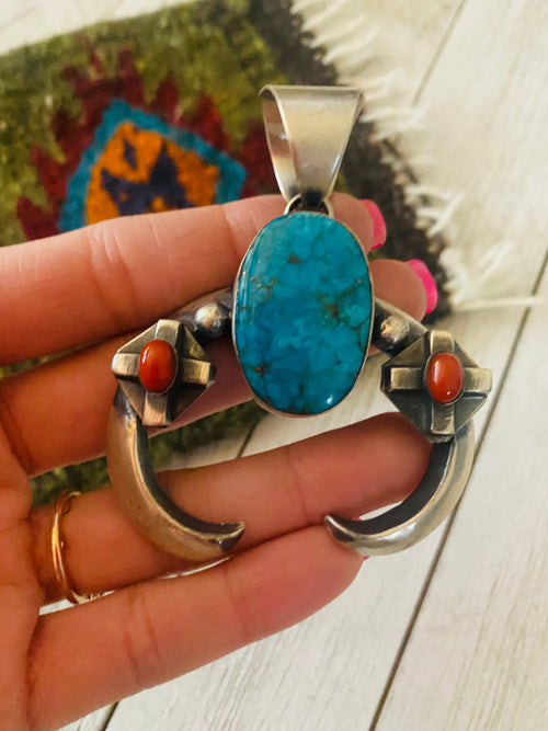 Navajo Sterling Silver, Turquoise & Coral Naja Pendant By Chimney Butte