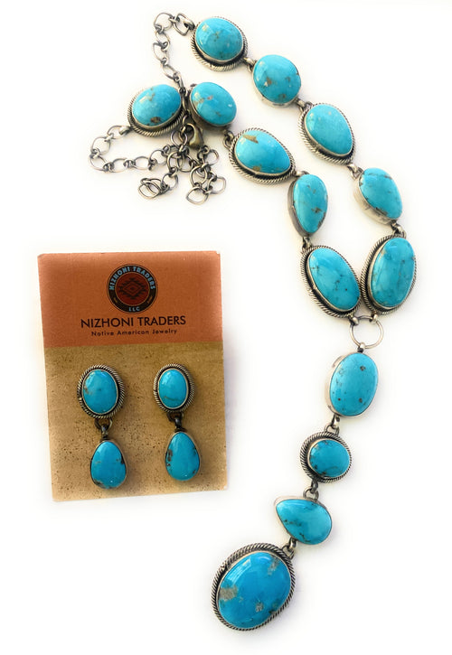 Navajo Sterling Silver & Kingman Turquoise Lariat Necklace Set