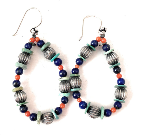 Handmade Turquoise, Coral, Lapis And Sterling Silver Beaded Dangle Earrings