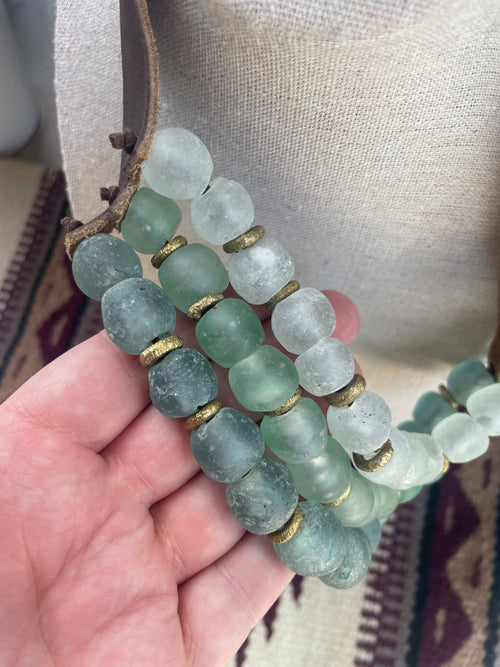 Handmade Recycled Glass 3 Strand Green Beaded Necklace