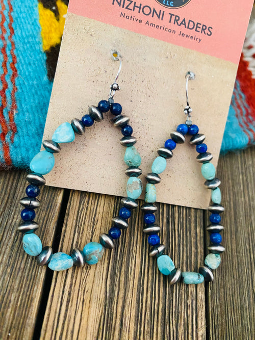 Handmade Turquoise, Lapis And Sterling Silver Beaded Dangle Earrings