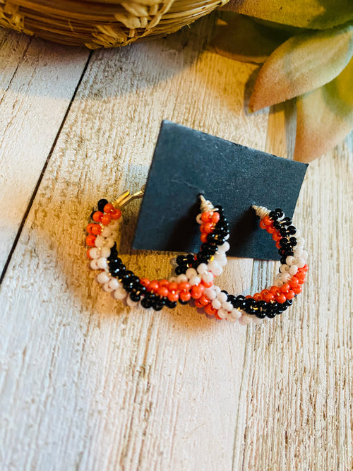 Navajo Handmade Beaded Hoop Earrings- orange