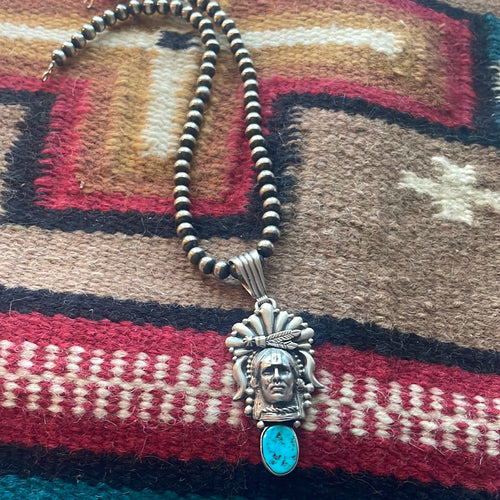 Beautiful Navajo Sterling Silver & Turquoise Chief Pendant Signed Russell Sam