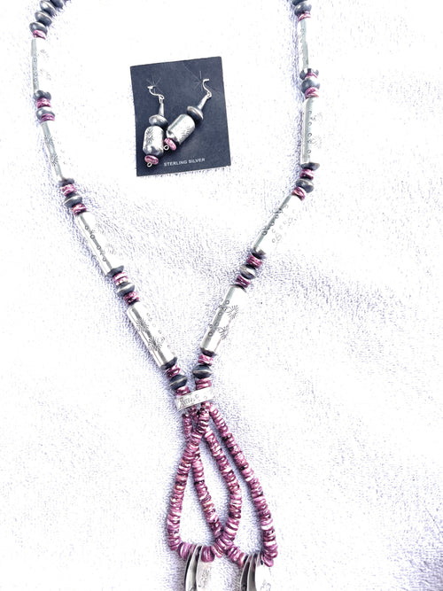 Navajo Purple Spiny Sterling Silver Beaded Necklace Earrings Set