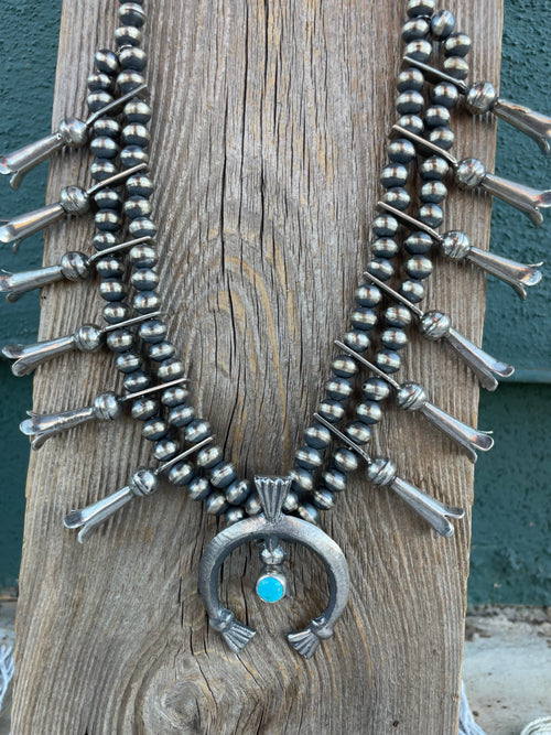 Navajo Sterling Silver And Turquoise Squash Blossom Necklace By Joseph Martinez