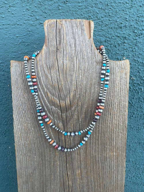 Navajo Multi Stone And Sterling Silver Beaded Necklace 30INCH