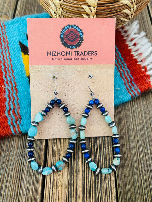 Handmade Turquoise, Lapis And Sterling Silver Beaded Dangle Earrings