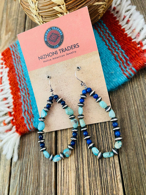 Handmade Turquoise, Lapis And Sterling Silver Beaded Dangle Earrings