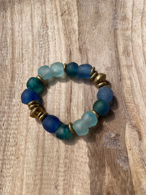 Handmade Recycled Glass Beaded Stretch Bracelet BLUE MIXED