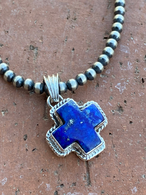 Handmade Lapis & Sterling Silver Cross Pendant