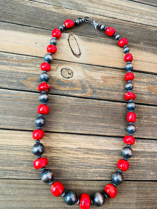 Navajo Coral & Sterling Silver Pearl Beaded Necklace