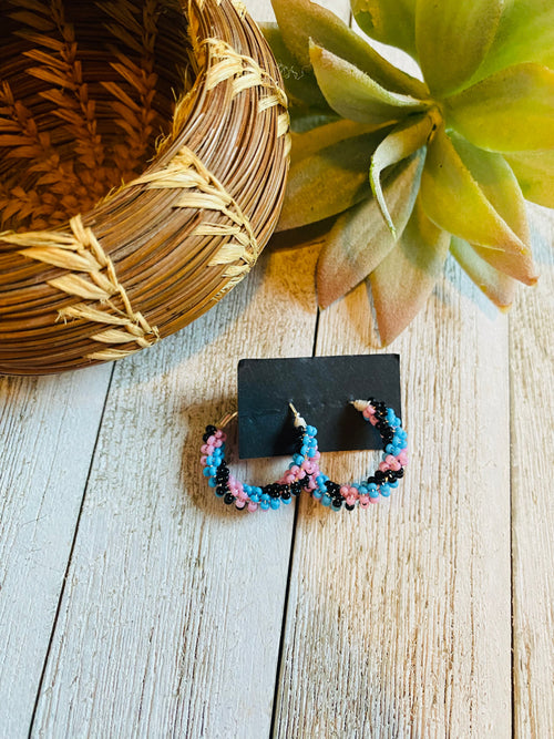 Navajo Handmade Beaded Hoop Earrings- Lt blue, pink