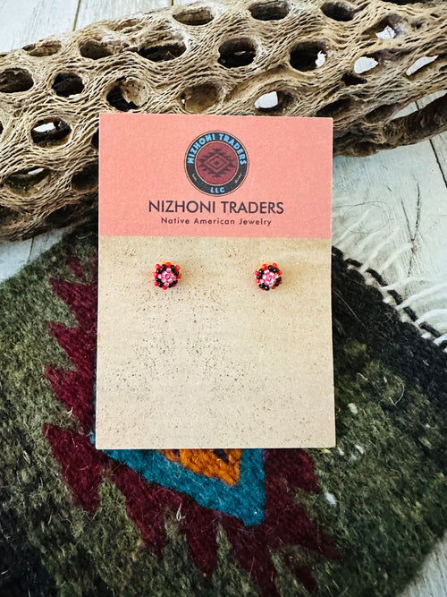 Navajo Handmade Beaded Stud Earrings- pink