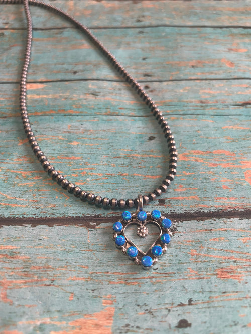 Zuni Sterling Silver & Blue Fire Opal Heart Pendant