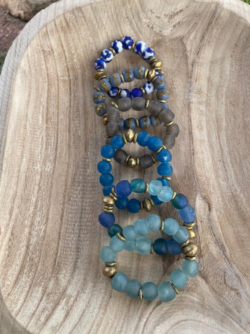 Handmade Recycled Glass Beaded Stretch Bracelet BLUE MIXED