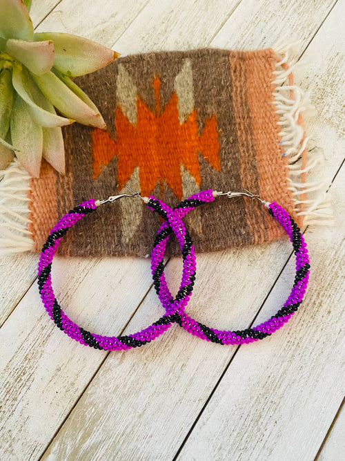 Navajo Handmade Beaded Hoop Earrings- purple