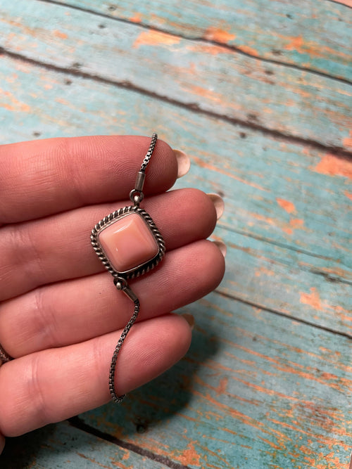 Navajo Queen Pink Conch Shell & Sterling Silver Bracelet By P. Skeets