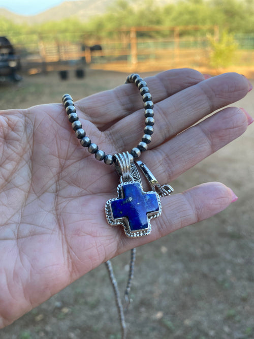 Handmade Lapis & Sterling Silver Cross Pendant