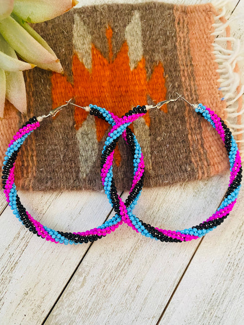 Navajo Handmade Beaded Hoop Earrings- pink/blue