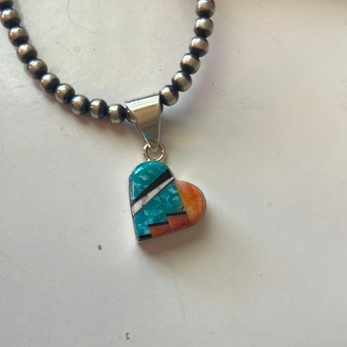 Navajo Sterling Silver & Turquoise Inlay Heart Pendant Signed