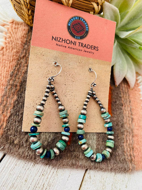 Handmade Turquoise, Lapis And Sterling Silver Beaded Dangle Earrings