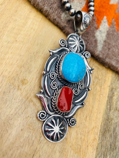 Navajo Sterling Silver, Kingman Turquoise & Coral Pendant Signed