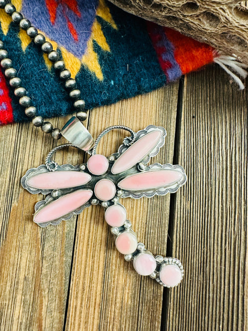 Navajo Queen Pink Conch & Sterling Silver Dragonfly Pendant By Shawn Cayatineto