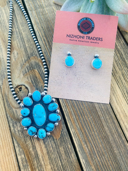 Navajo Sleeping Beauty Turquoise & Sterling Silver Cluster Earrings & Pendant Set