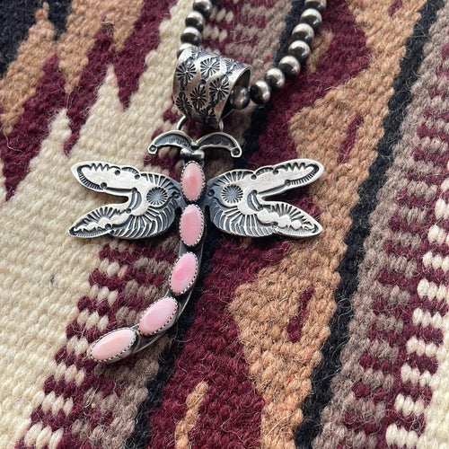 Navajo Pink Conch & Sterling Silver Dragonfly Pendant Signed E Billah