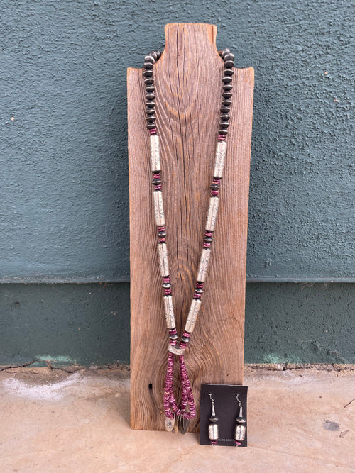 Navajo Purple Spiny Sterling Silver Beaded Necklace Earrings Set