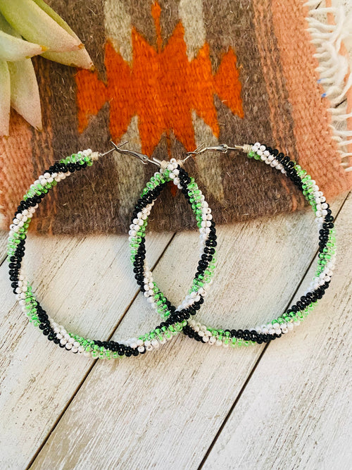 Navajo Handmade Beaded Hoop Earrings- green/black