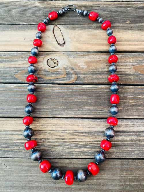 Navajo Coral & Sterling Silver Pearl Beaded Necklace