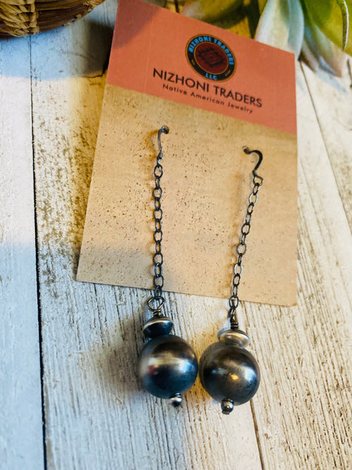 Navajo Pearl Sterling Silver Ball & Chain Dangle Earrings