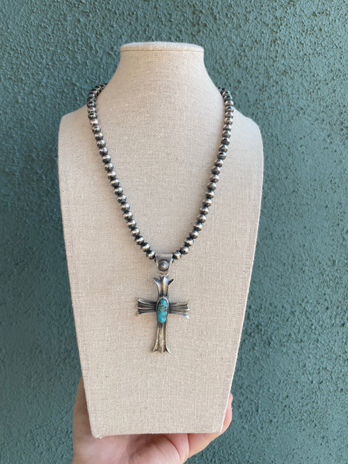 Navajo Kingman Turquoise And Sterling Silver Cross Pendant By Chimney Butte