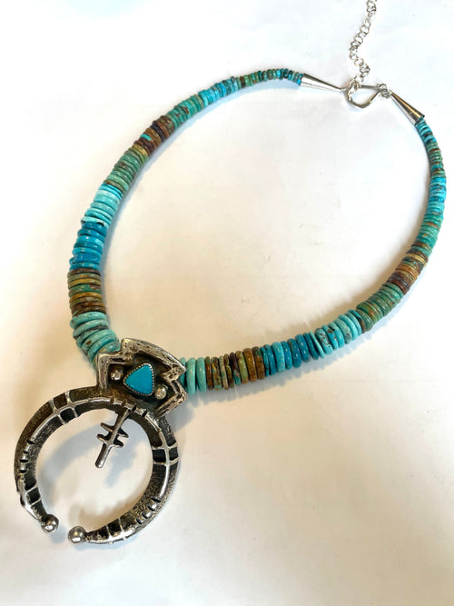 Navajo Kingman Turquoise And Sterling Silver Beaded Naja Adjustable Necklace