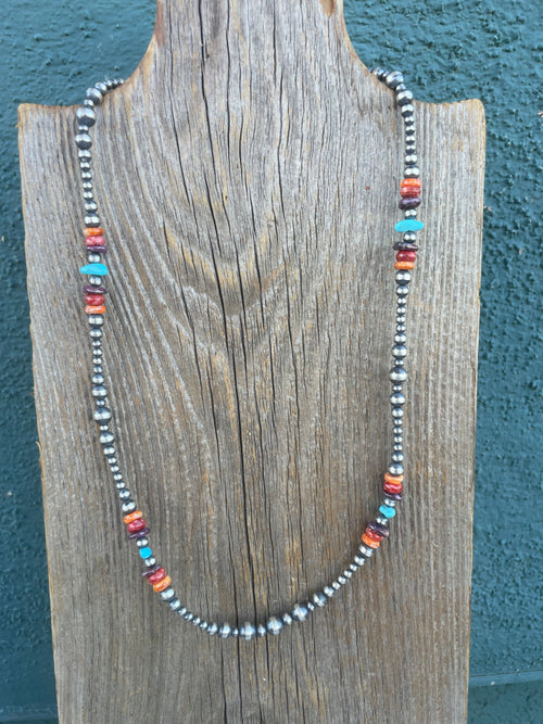 Navajo Multi Stone And Sterling Silver Beaded Necklace 20in