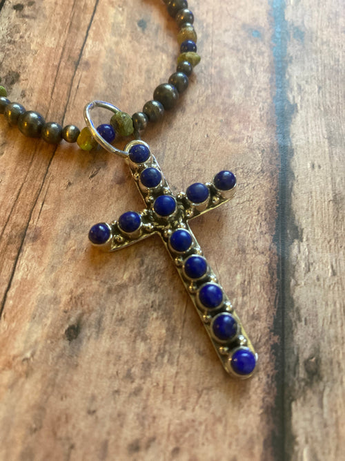 Sterling Silver & Lapis 2.5 inch Cross