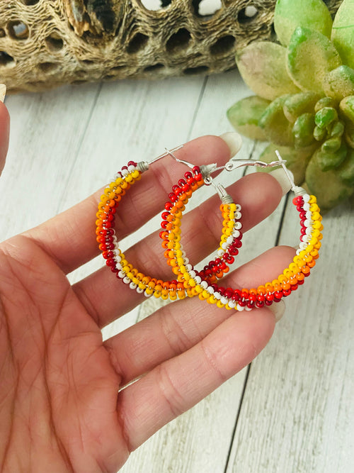 Navajo Handmade Beaded Hoop Earrings- red, yellow, orange