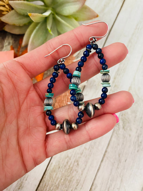 Handmade Turquoise, Lapis And Sterling Silver Beaded Dangle Earrings