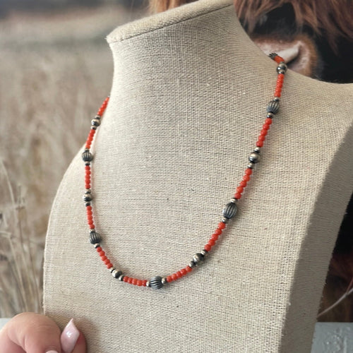 Handmade Beaded Coral & Sterling Silver Necklace