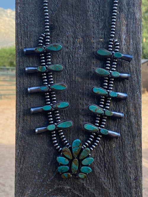 Navajo Sterling Silver & Royston Turquoise Squash Necklace Set Signed