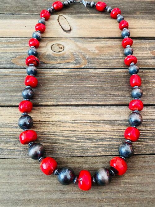 Navajo Coral & Sterling Silver Pearl Beaded Necklace