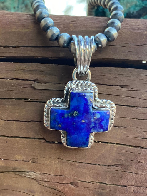 Handmade Lapis & Sterling Silver Cross Pendant