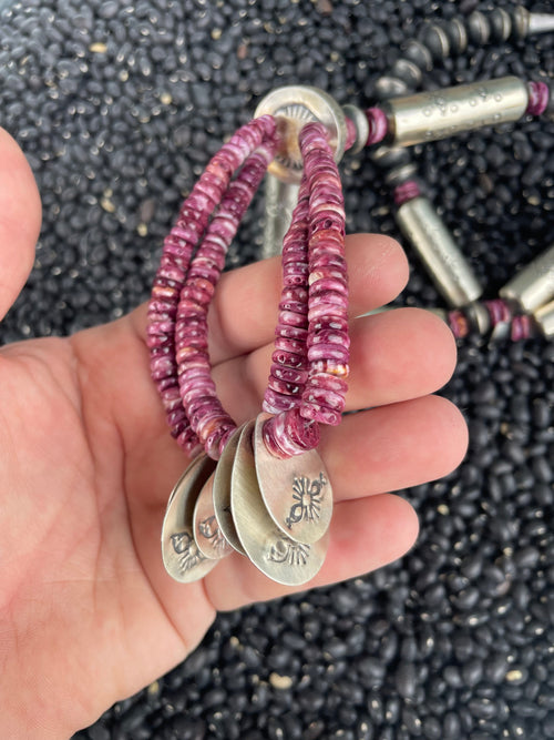 Navajo Purple Spiny Sterling Silver Beaded Necklace Earrings Set