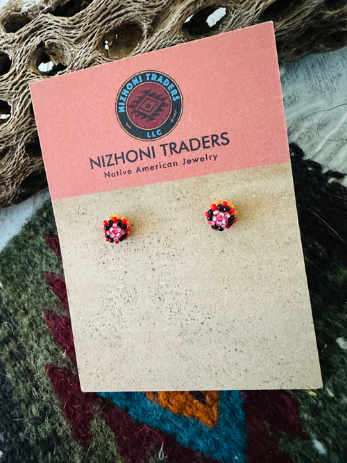 Navajo Handmade Beaded Stud Earrings- pink