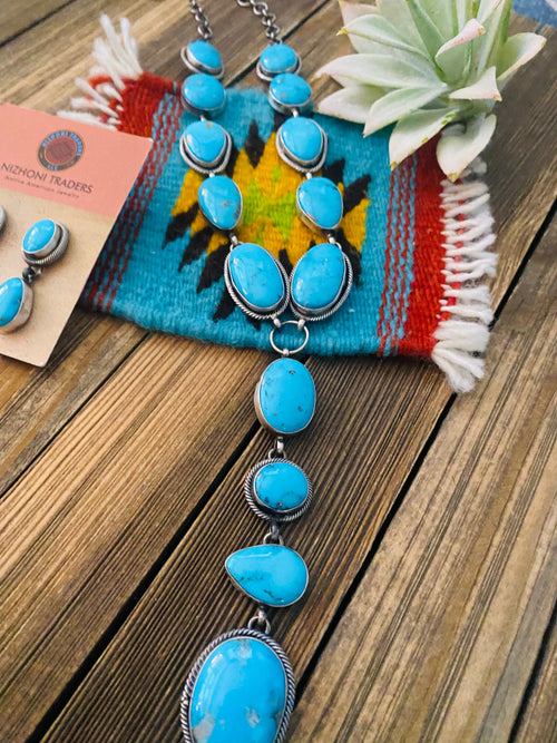 Navajo Sterling Silver & Kingman Turquoise Lariat Necklace Set